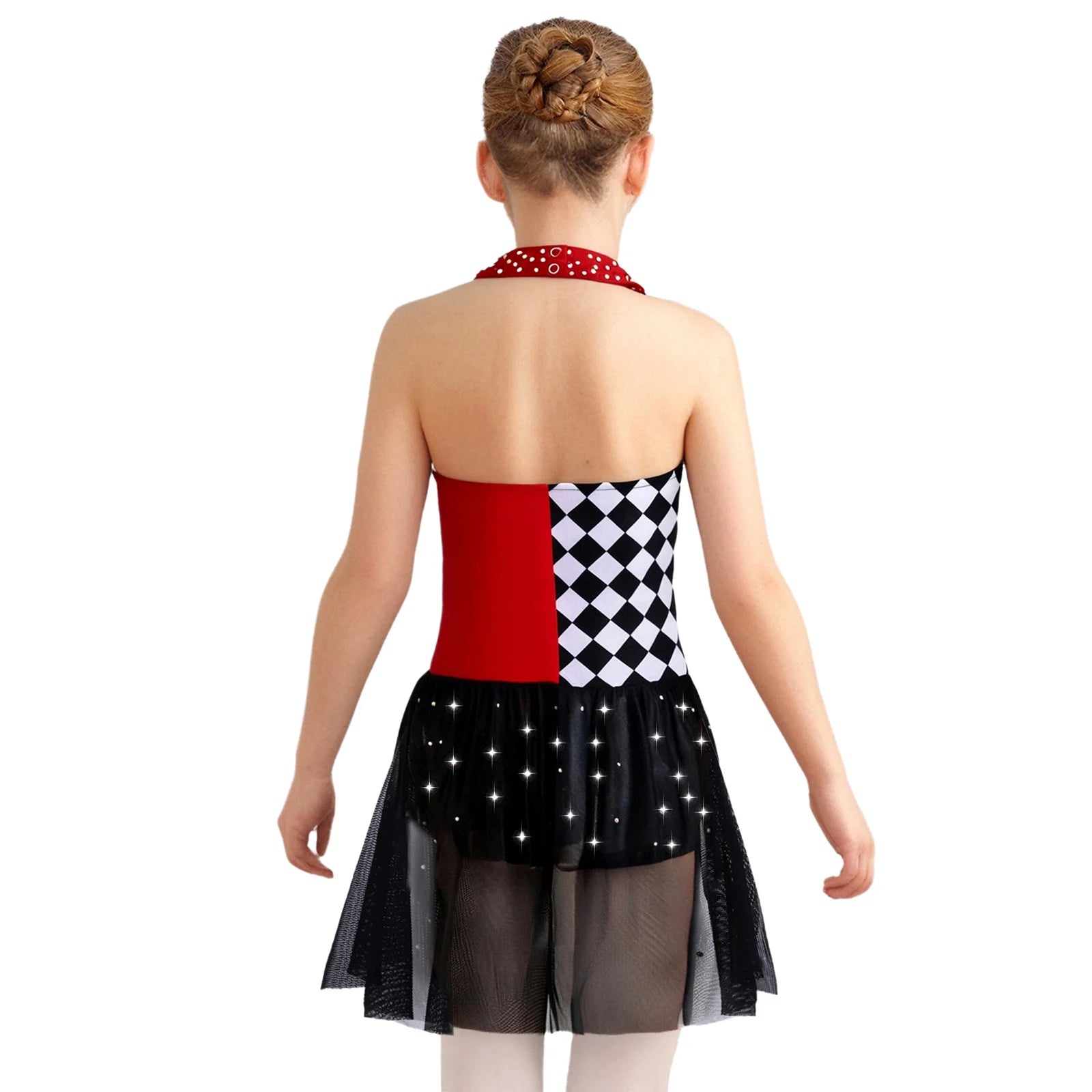 Girls Circus Clown Performance Costume Halloween Plaid Halter Sleeveless Dance Leotard - 14 / Black Red