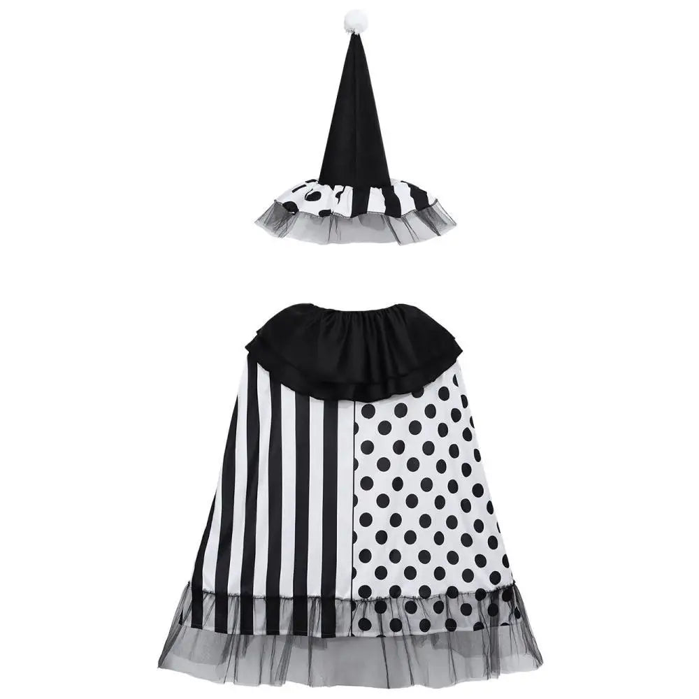 Women's Witch Black White Polka Dot Striped Clown Cape Costume - alternate view 3