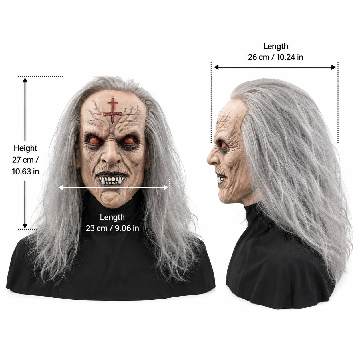 Creepy Zombie Demon Mask Full Head Latex Long Gray Hair Halloween Horror Cosplay Party Costume Prop - product image 2
