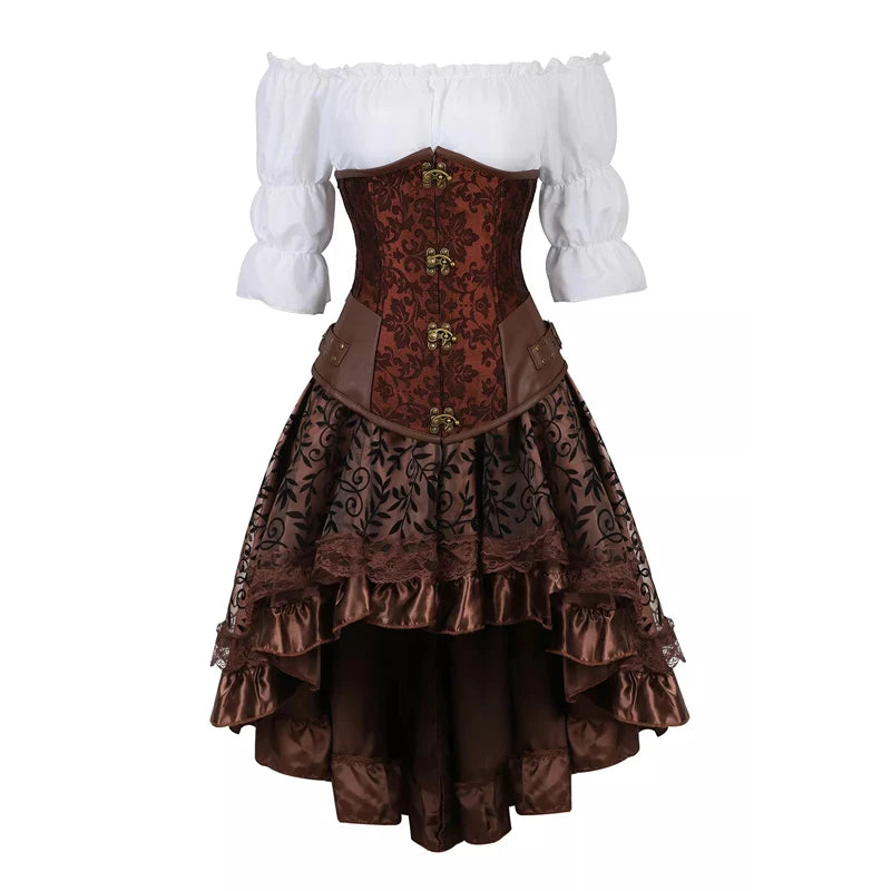 Steampunk Corset Dress Brown Pirate Costume Woman Skirt Plus Size Gothic Underbust