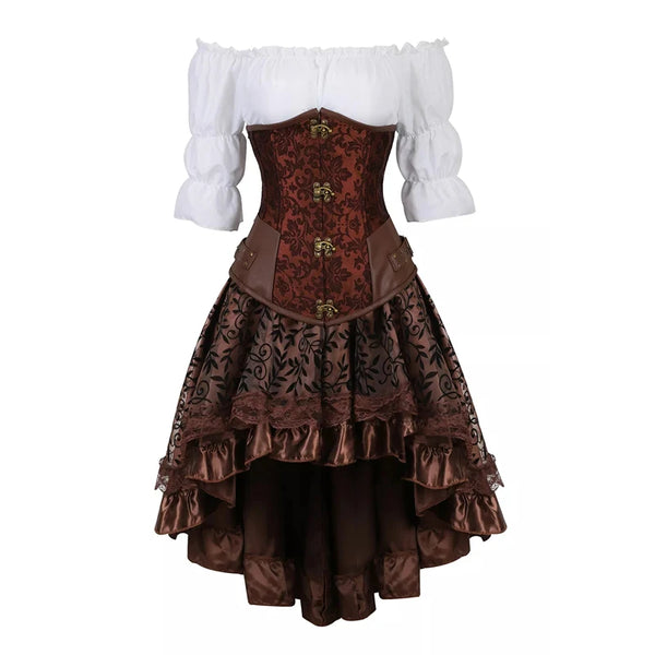 Steampunk Corset Dress Brown Pirate Costume Woman Skirt Plus Size Gothic Underbust