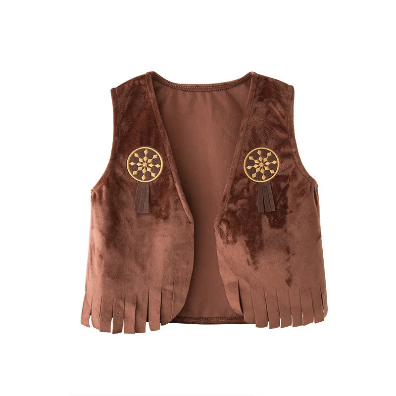 Kids Cowboy Brown Fleece Cowboy Vest with Bandanna & Hat Set Children Western Role