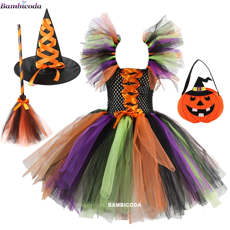 Kids' Witch Disguise Tutu Knee Hat Broom Pantyhose Halloween Costume - b3 / S(2-3Y)