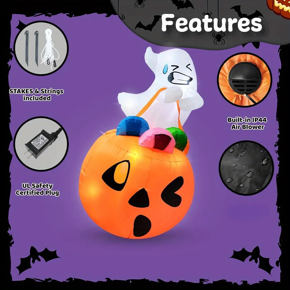5 Ft Inflatable Ghost Halloween Decoration with LED Lights & Pumpkin Candy Bag