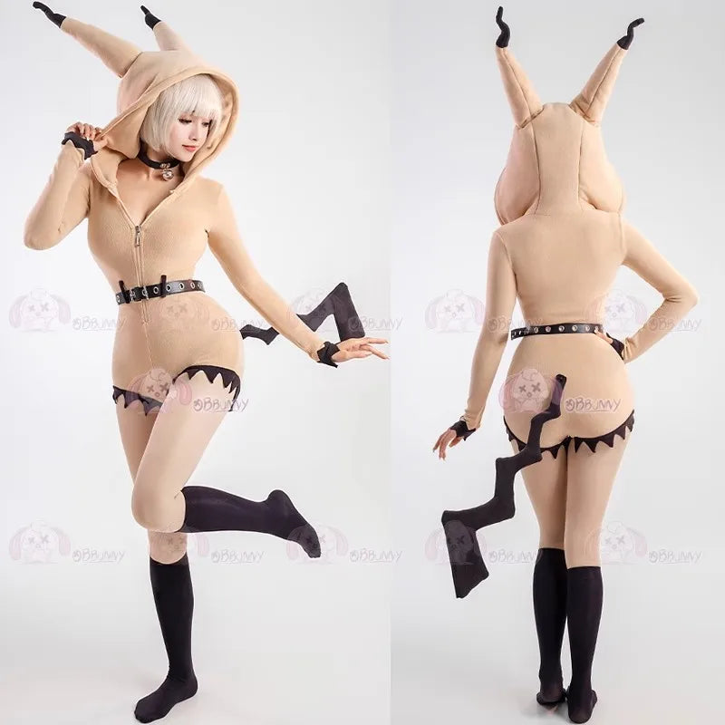 Anime Eevee Cosplay Costume Women Sexy Flannel Hooded Bodysuit Socks Suit Bunny Girl Cute Cartoon Plush Pajamas Jumpsuit Uniform