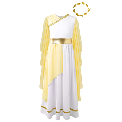 Girls Halloween Greek Deity Beauty Roman Princess Cosplay Costumes Gold Leaves Garland Headwear Cap Sleeve - product image 7