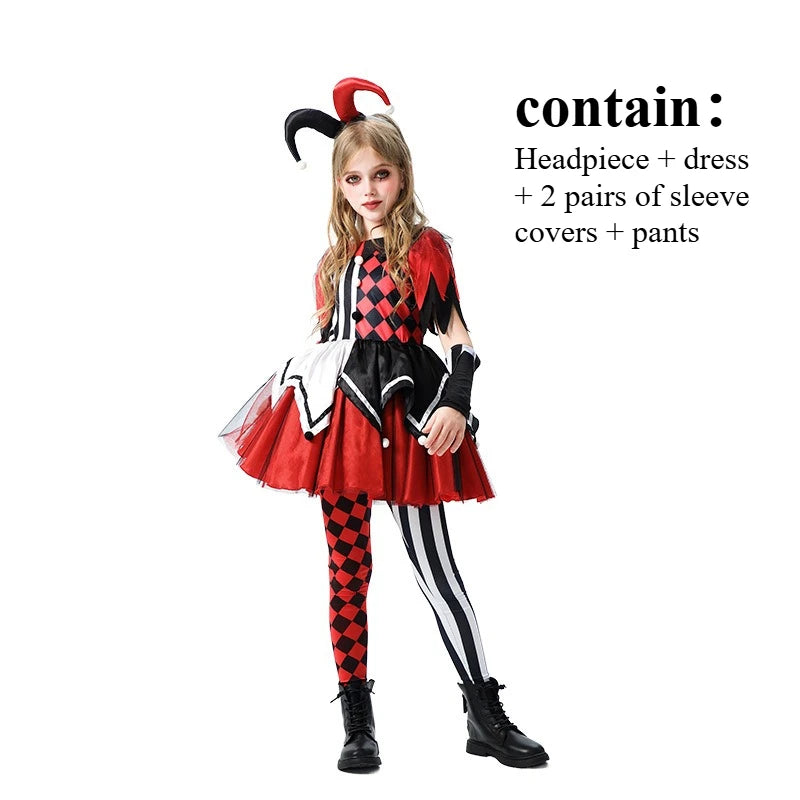 Halloween Costume Horror Clown Dresses Pants Headwear Sets Theme Outfits for Girls - 04 / Adult XL 66.9 in (170 cm)