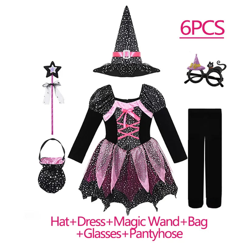 Kids Halloween Witch Costume for Girls Evil Lovely Witch Vestidos Set Dress Hat Magic Wand - Dress 1 / 9-10T(TAG 150)