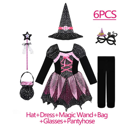 Kids Halloween Witch Costume for Girls Evil Lovely Witch Vestidos Set Dress Hat Magic Wand - Dress 1 / 9-10T(TAG 150)