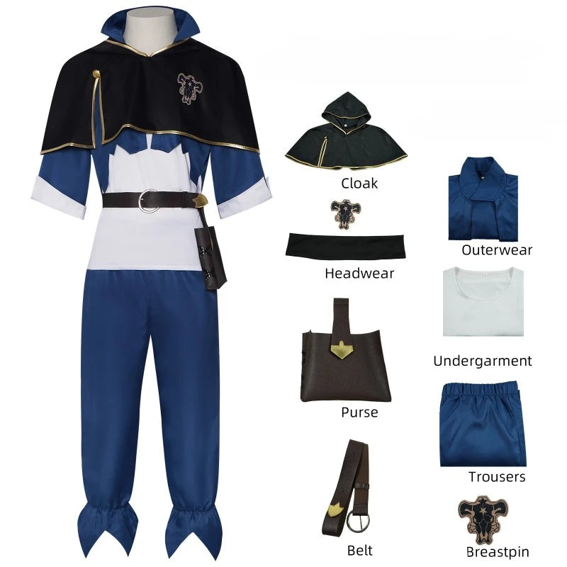Anime Costume Asta Costume Black Cloak Blue Top Pants Set Four-leaf Clover Outfit for Men - Costume Set / XL