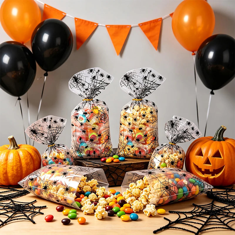 50-200pc Halloween Spider OPP Flat Bags Trick or Treat Clear Candy Bags with Twist Ties Spider Ghost Cookie - product image 4