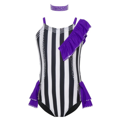 Kids Girl Halloween Circus Clown Costume Shiny Striped Tutu Leotard Ballet Gymnastics - Black A / 14