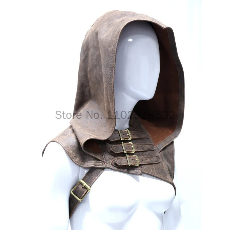 Medieval Women Armor Huntress Men's Assassin Costume Leather Hooded Shawl Viking Warrior - Brown / XL