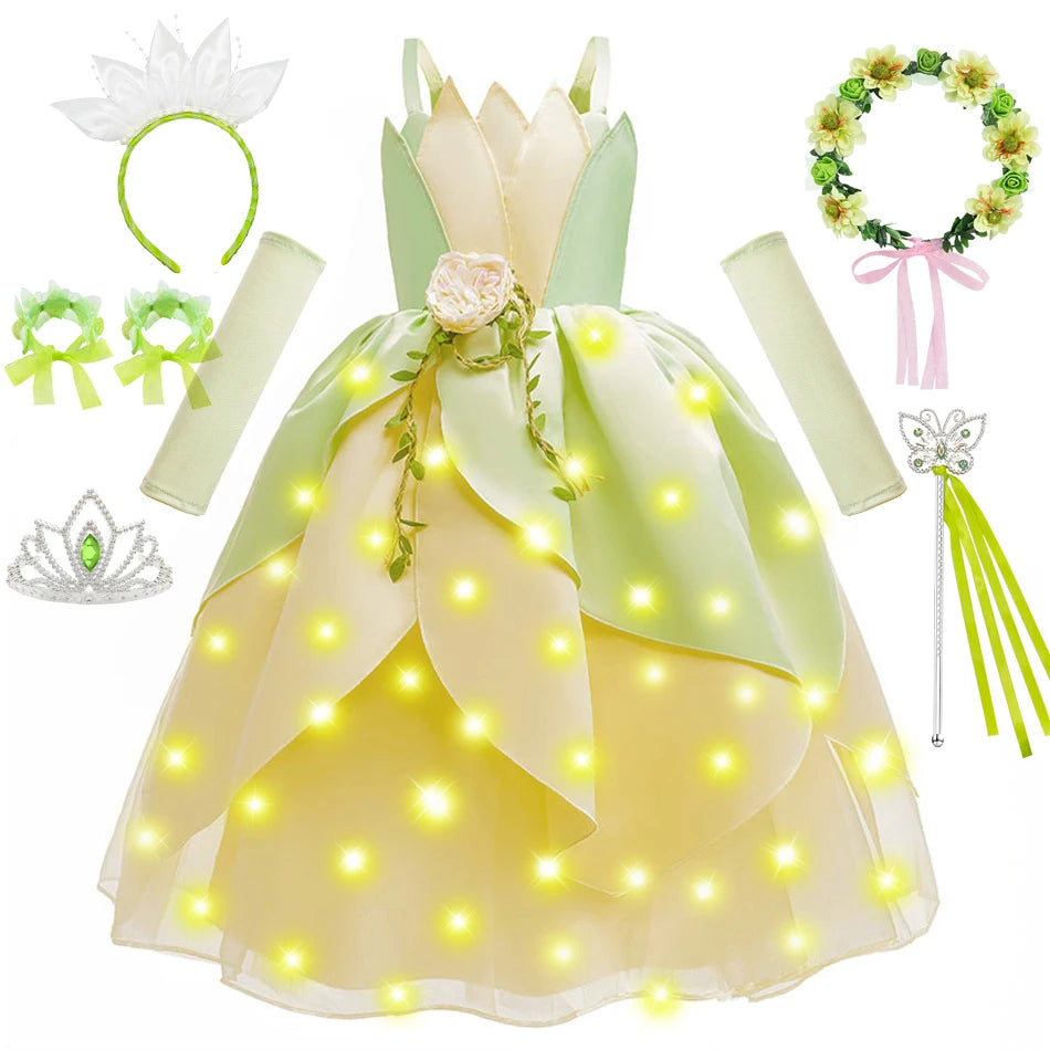 Girls Tiana-Inspired Princess Dress – Floral & Light-Up Costume Options
