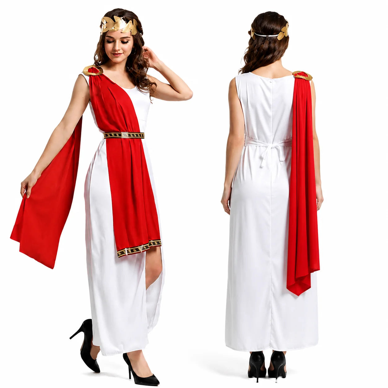 Roman Greek Costume Adult Men Women Couple Toga White Tunic Red Cape Gold Laurel Wreath - View 3