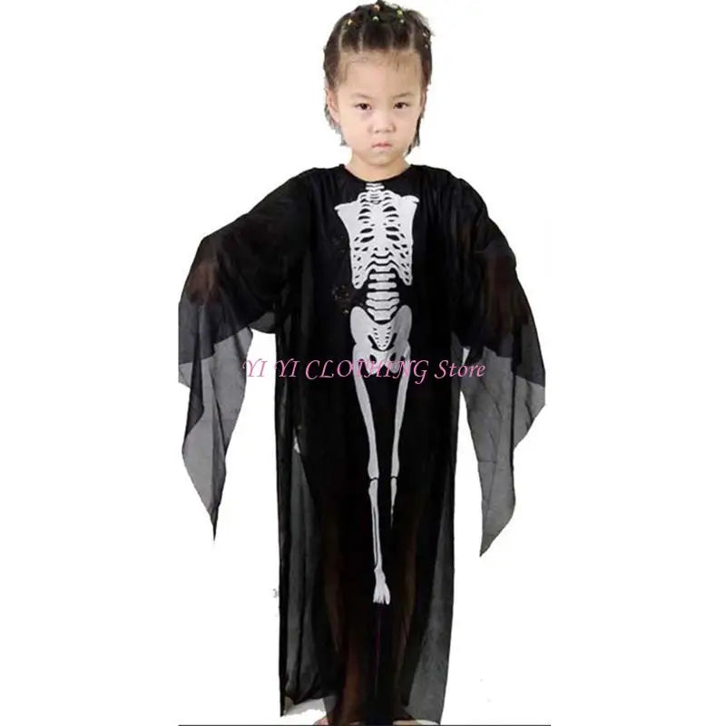 Halloween Skull Skeleton Costume Scary Ghost Robe with Front Bone Print for Kids Adult - Black / S
