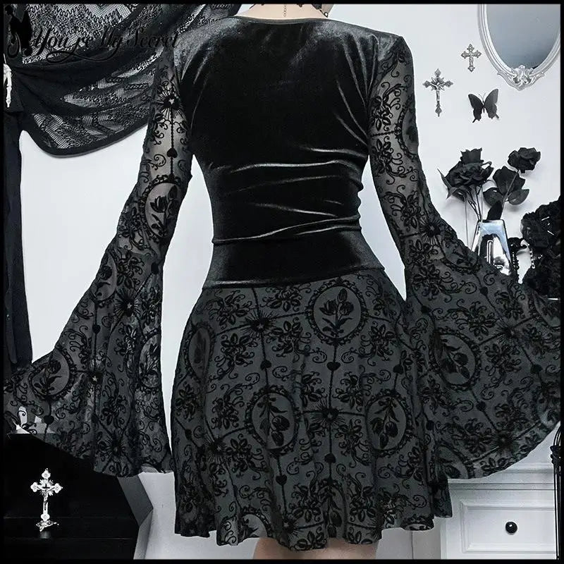 Women's Gothic Halloween Witch Dress Velvet V Neck Flocked Mesh Bell Sleeve Mini Dress Vintage Vampire - product image 3