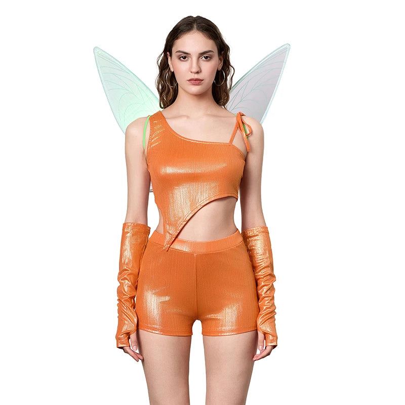Women Halloween Musa Costume Irregular Tank Top Shorts Arm Sleeves Wings Set for Costume - Orange / L