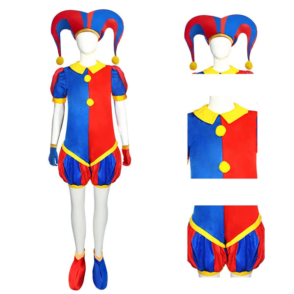 Adult Women Clown Costume Hat Disguise Blue Red Jumpsuit Jester Halloween Fancy Dress Up - set / XL