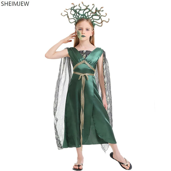 Kids Halloween Costume Girl Ancient Greek Mythology Goddess Robe Female Demon Snake Dress - Dress Gold Headwear / L(140-155)