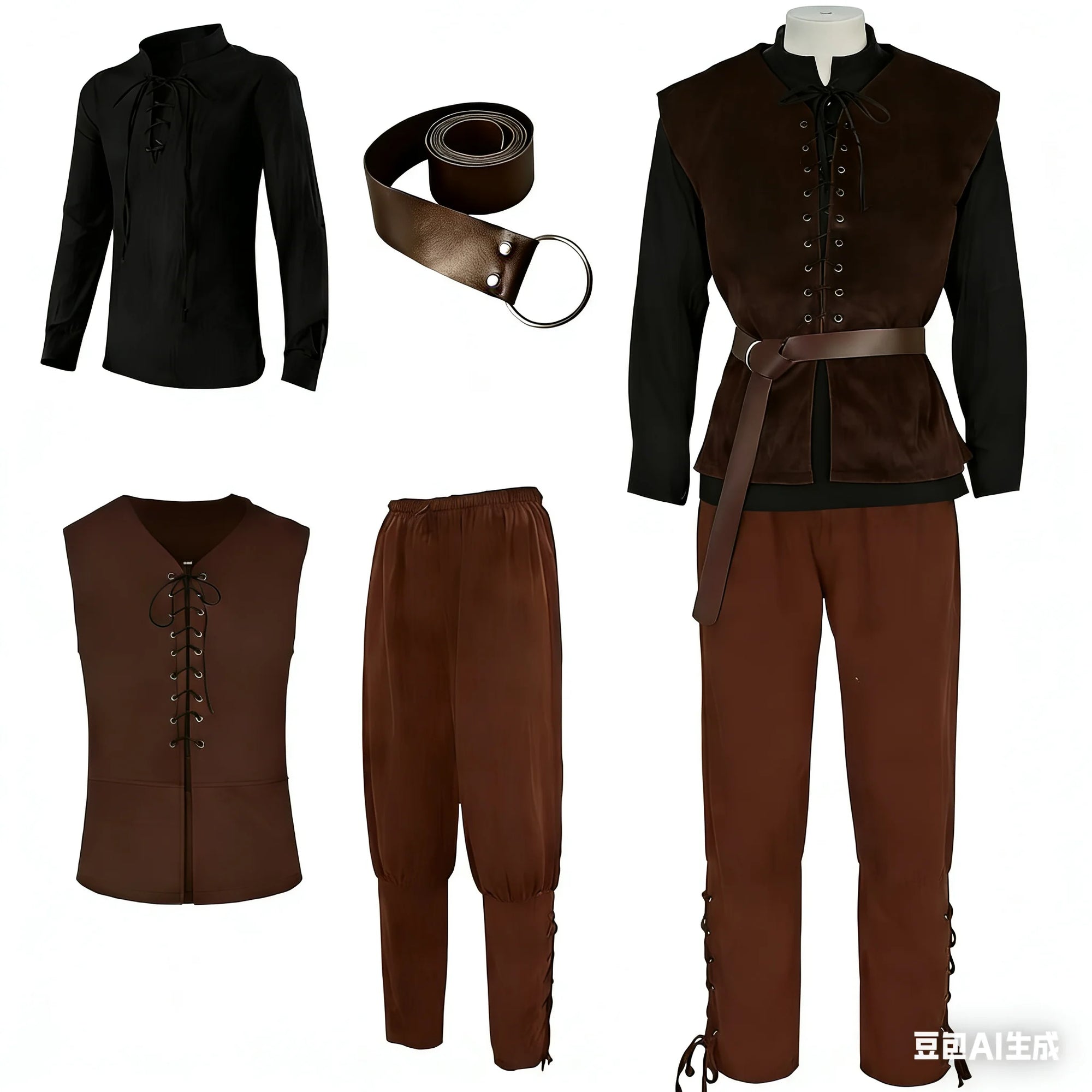 Men's 4 Pcs Renaissance Set Medieval Vest Shirt Ankle Banded Pants Viking Costume - alternate view 6