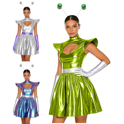 Adult Women Alien Outerspace Halloween Costume Dancewear Sleeveless Space Cadet Leotards - B-Silver / S