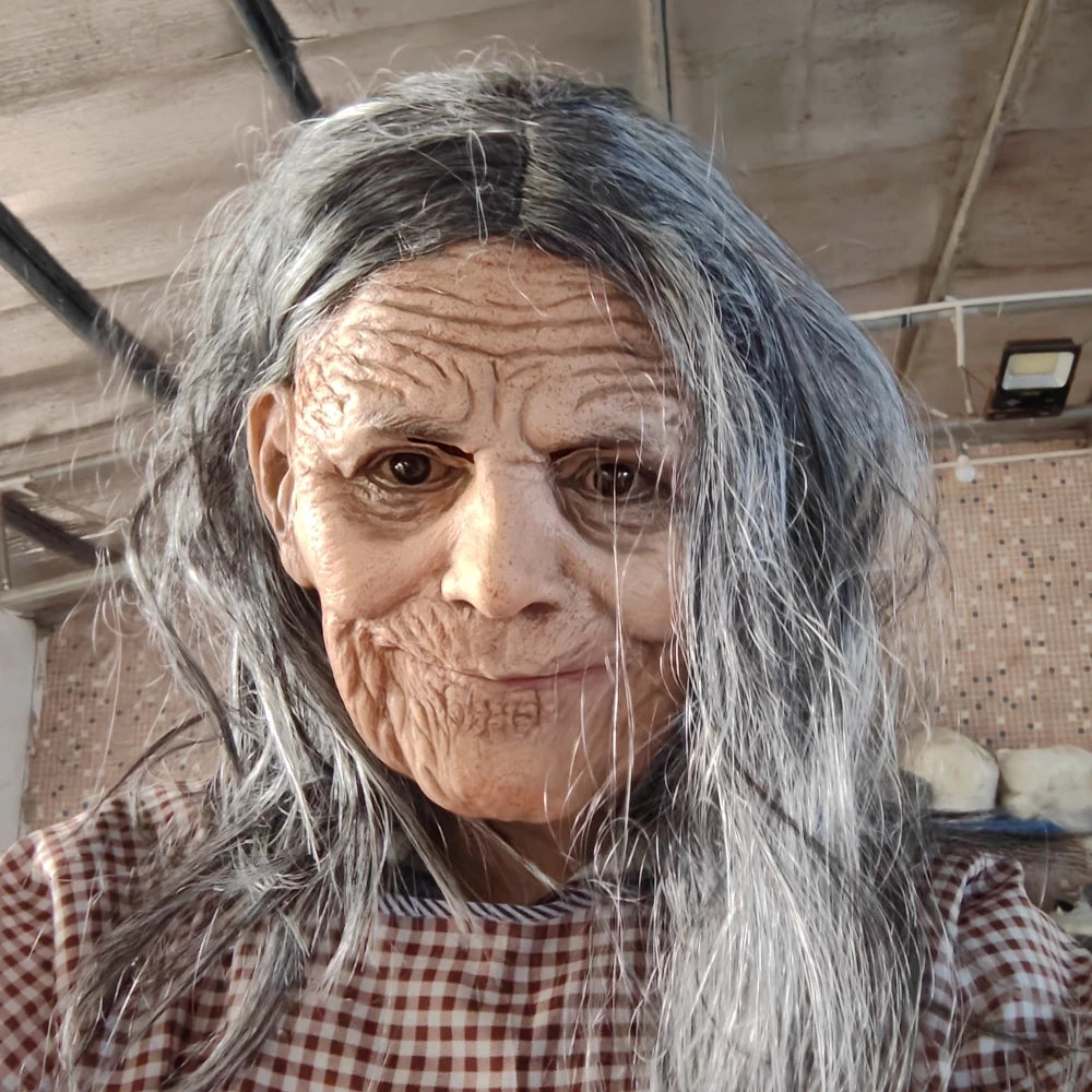 Realistic Granny Old Woman Latex Mask Moving Mouth Soft Rubber Grandma Masque with Grey Hairfor Halloween