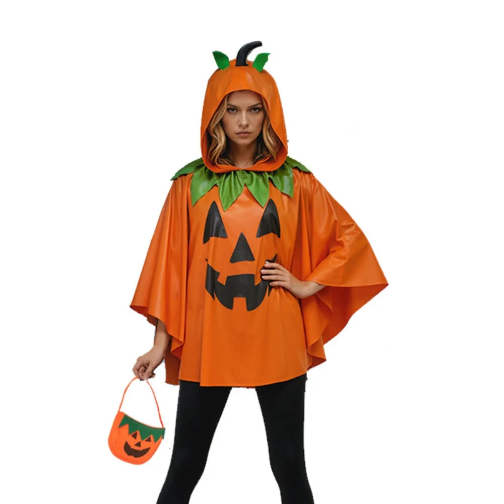 Adults Horn Hooded Pumpkin Cape Cloak with Trick or Treat Candy Bag Costume