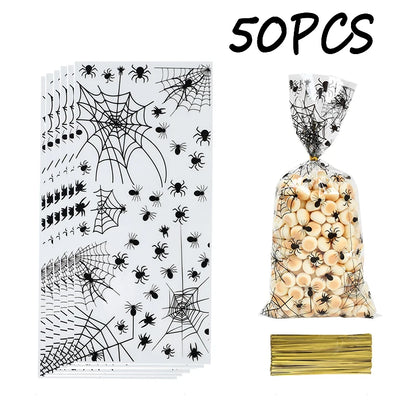 50-200pc Halloween Spider OPP Flat Bags Trick or Treat Clear Candy Bags with Twist Ties Spider Ghost Cookie - product image 8