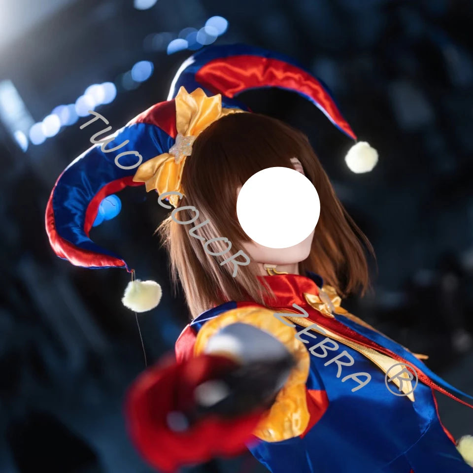 Digital Circus Pomni Costume Women's Red Blue Clown Suit Matching Hat Pom Poms Wig - Only Wig / XXXL