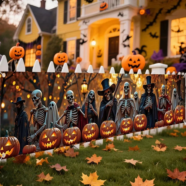 Halloween Skeleton Ghost Fence Banner, Grim Reaper Jack O Lantern Autumn Forest Print Long Hanging Flag Yard - product image 1