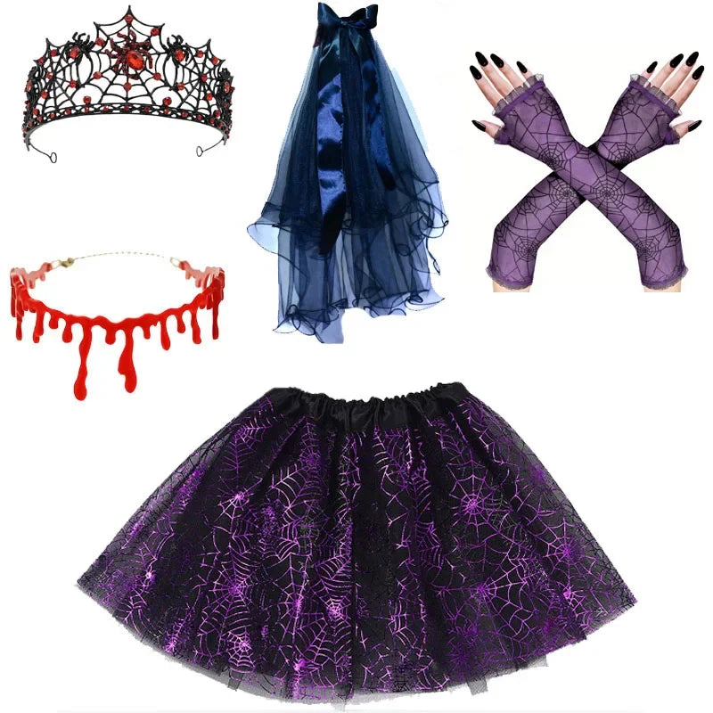 Scary Children Girl Vampire Witch Costume Spider Web Tutu Skirt Hat Crown Arm Sleeves Halloween Cosplay - product image 6