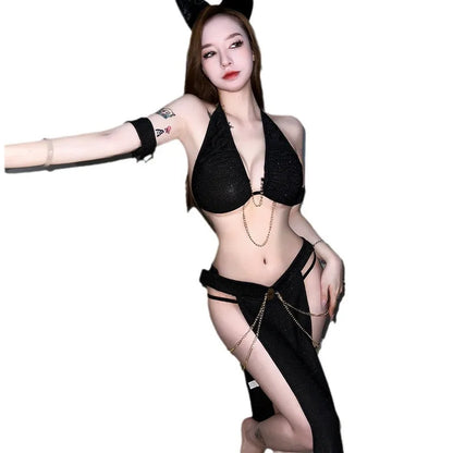 Pet Sexy Lingerie Cat Black Witch Halter Hollow Top with Dress Nightgowns Costume