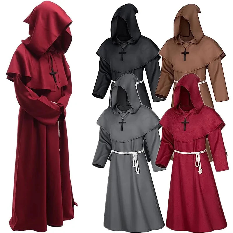Halloween Wizard Costume Medieval Monk Hooded Robe Costume Mask Hat for Men Steampunk - C2 / Halloween cosplay