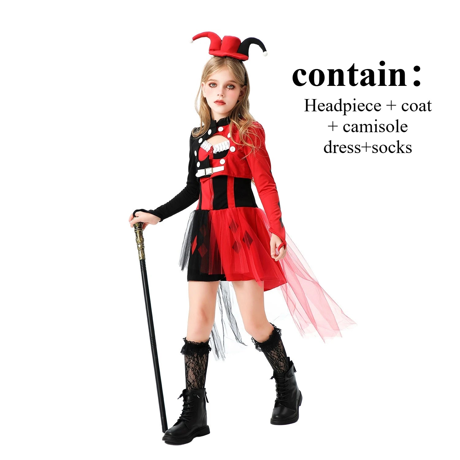 Halloween Costume Horror Clown Dresses Pants Headwear Sets Theme Outfits for Girls - 04 / Adult M