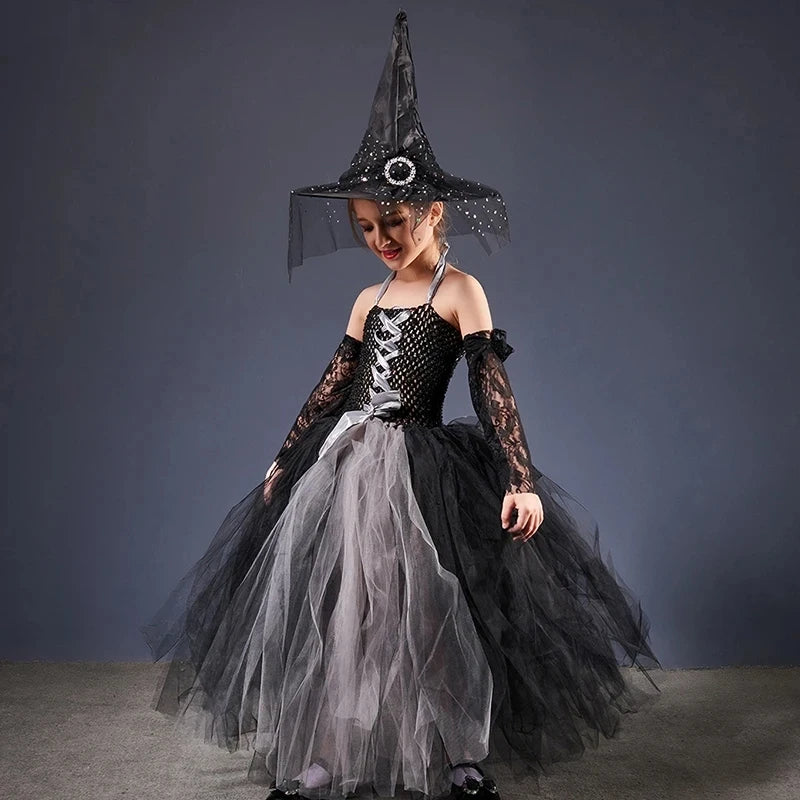 Girls Gothic Halloween Ghost Witch Costume Trumpet Sleeve Children's Robe Ballet Tutu Dress - product image 2