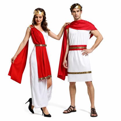 Roman Greek Costume Adult Men Women Couple Toga White Tunic Red Cape Gold Laurel Wreath - Men suit / One Size