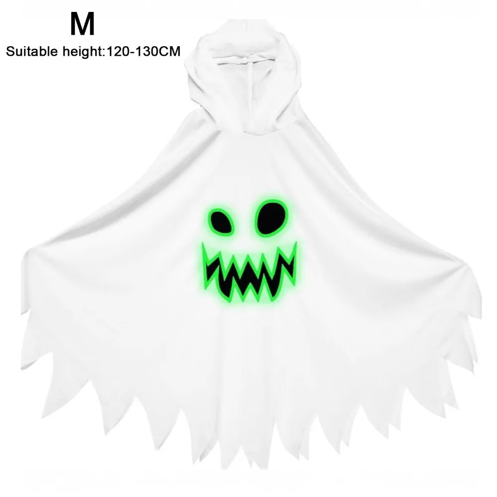 White Black Halloween Costume Ghost Face Design Cape Shawl Luminous Cloak Glow in the Dark - View 10