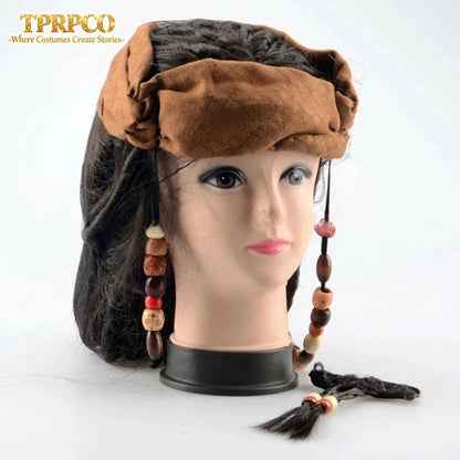 halloween costume for men adult pirate captain jack sparrow wigs hat pirates of the caribbean cosplay - product image 2