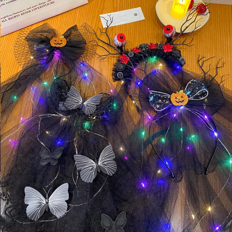 Light Up Black Halloween Veil Headband Women Girl Day of The Dead Butterfly - product image 5