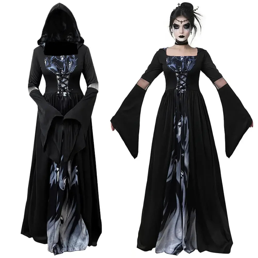 Halloween Witch Dress Women's Gothic-Style Long Hooded Vampire Dress Vintage In Black with Ghost Print and - product image 2