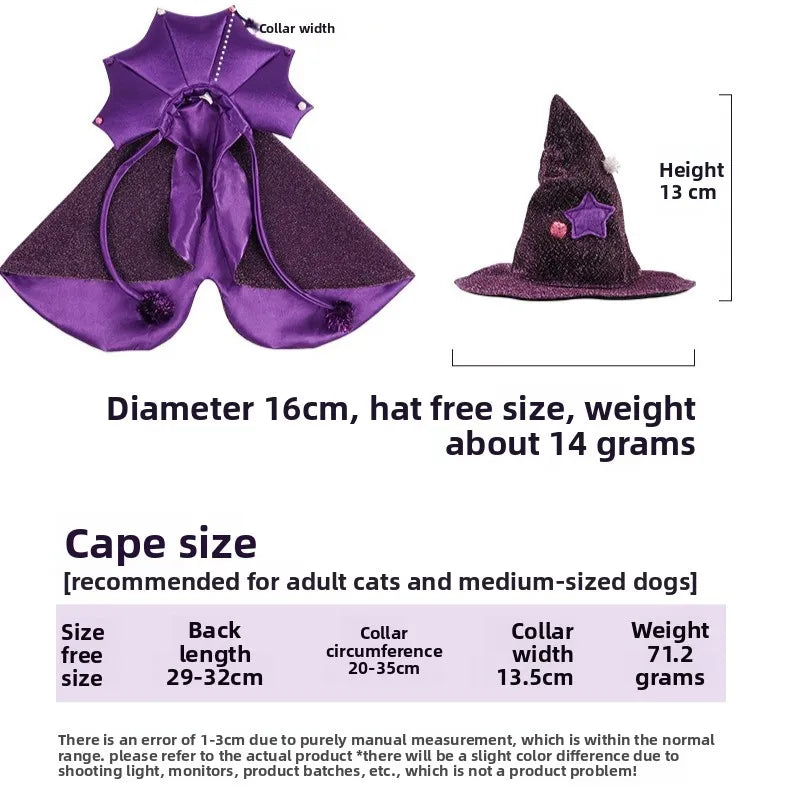 Funny Star Cat Dog Witch Cloak Set with Soft Purple Cloth and Matching Hat –