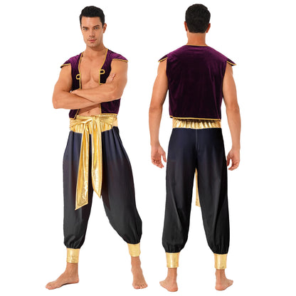 Men's Arabian Prince Mythical Aladdin Sequin Trim Waistcoat Belted Pants Costume - alternate view 8