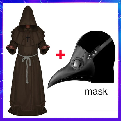 Halloween Wizard Costume Medieval Monk Hooded Robe Costume Mask Hat for Men Steampunk - A1 / Halloween cosplay