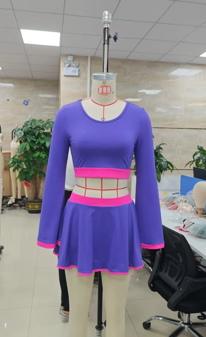 Women's Purple Bell-Sleeve Crop Top & Mini Skirt Costume Set