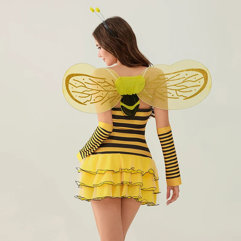 Women Outfit Striped/Dots Print Sleeveless Ladybug/Bee Costume Dress with Hair Hoop