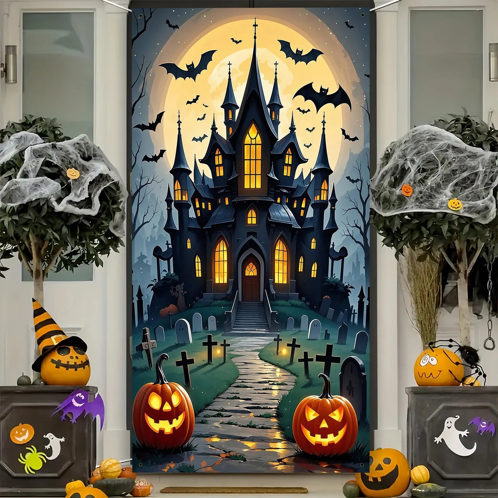 Scary Halloween Door Decoration - Polyester material, full moon and ghost - product image 1