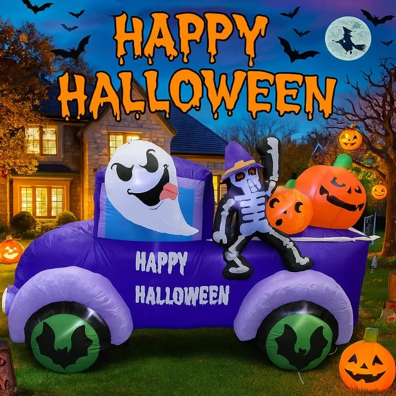 8FT Outdoor Inflatable Halloween Model - Ghost Driving Truck with Skeleton & Pumpkin, Built-in LEDs, Ideal for Yard Decorations
