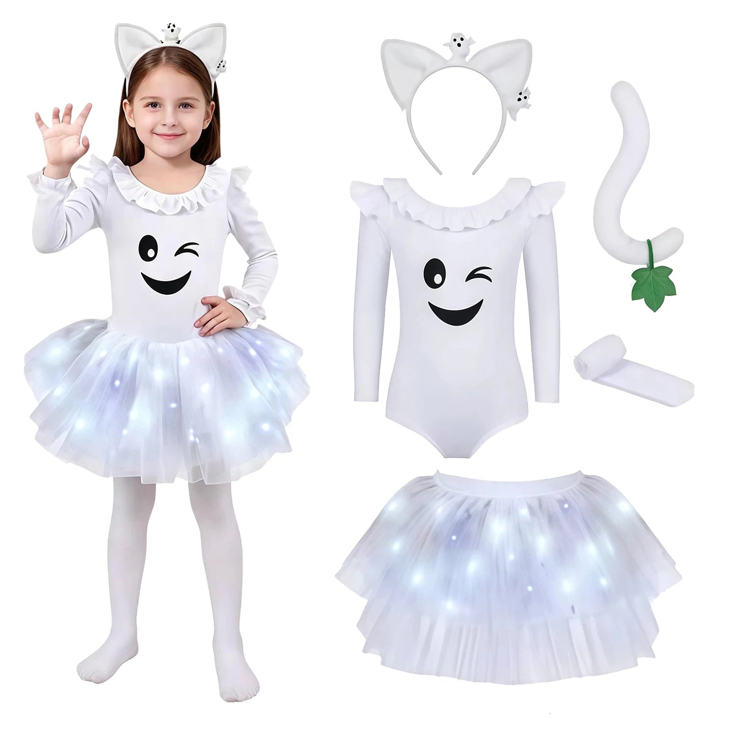Girls Halloween Costume Sleeve Bodysuit with Mesh Ruffled Layered Tutu Skirt Headwear Faux - White / S