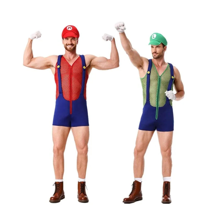 Adult Halloween Anime Cartoon Costume with Hat Sexy Men Red Blue Super Plumber Brother - Red 3 Piece Set / M